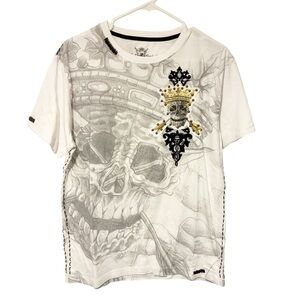 Rebel Spirit White Skull Gold Embellished Crown Crewneck Short Sleeve Size Large